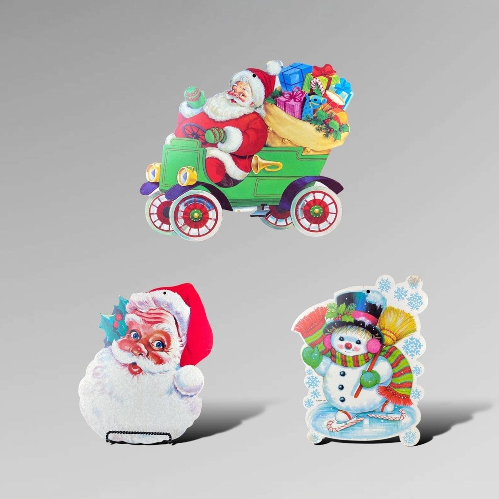 Eureka Christmas Paper Cutout Santa Sleigh Snowman‎ Vintage Decor Set3 Classics!